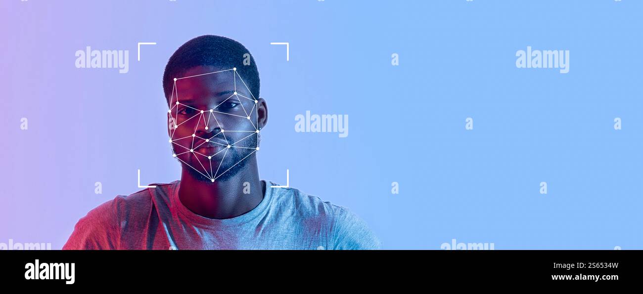 Eine Nahaufnahme des Gesichts einer Person, die einer Gesichtserkennung unterzogen wird Stockfoto