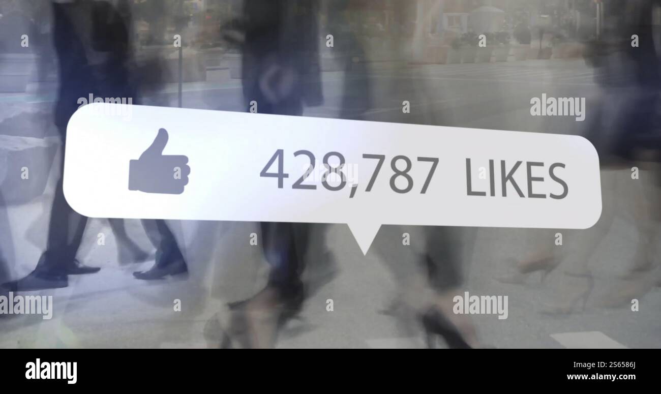 Bild von sozialen Medien, wie Benachrichtigungen über beschleunigte Beine von Pendlern, die die Straße überqueren Stockfoto