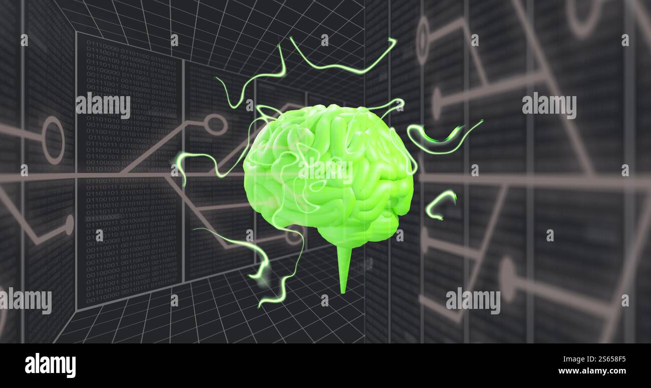 Bild des digitalen Gehirns, das sich über Verbindungen dreht Stockfoto