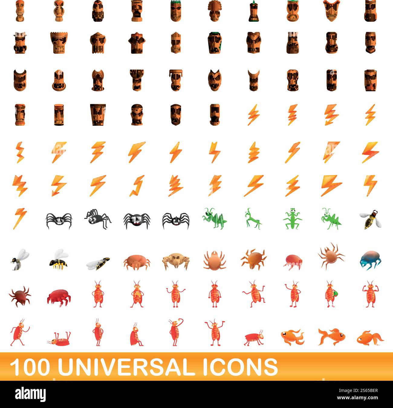 100 universelle Symbole. Zeichentrickillustration von 100 universellen Symbolen Vektor-Satz isoliert auf weißem Hintergrund. 100 universelle Symbole im Cartoon-Stil Stock Vektor