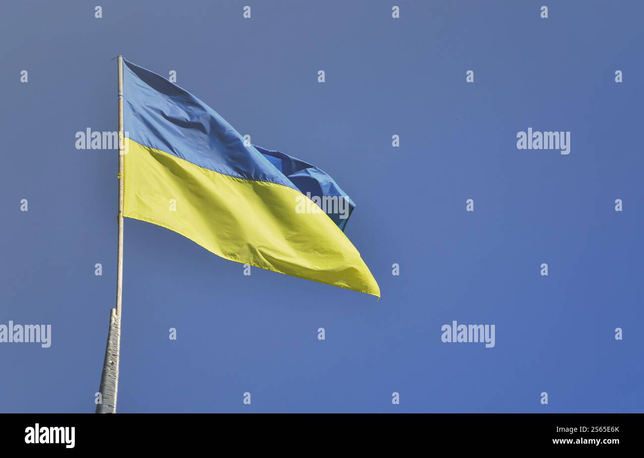 Ukrainische Flagge gegen die blauen wolkenlosen Himmel. Die offizielle Flagge des ukrainischen Staates beinhaltet gelbe und blaue Farben Stockfoto