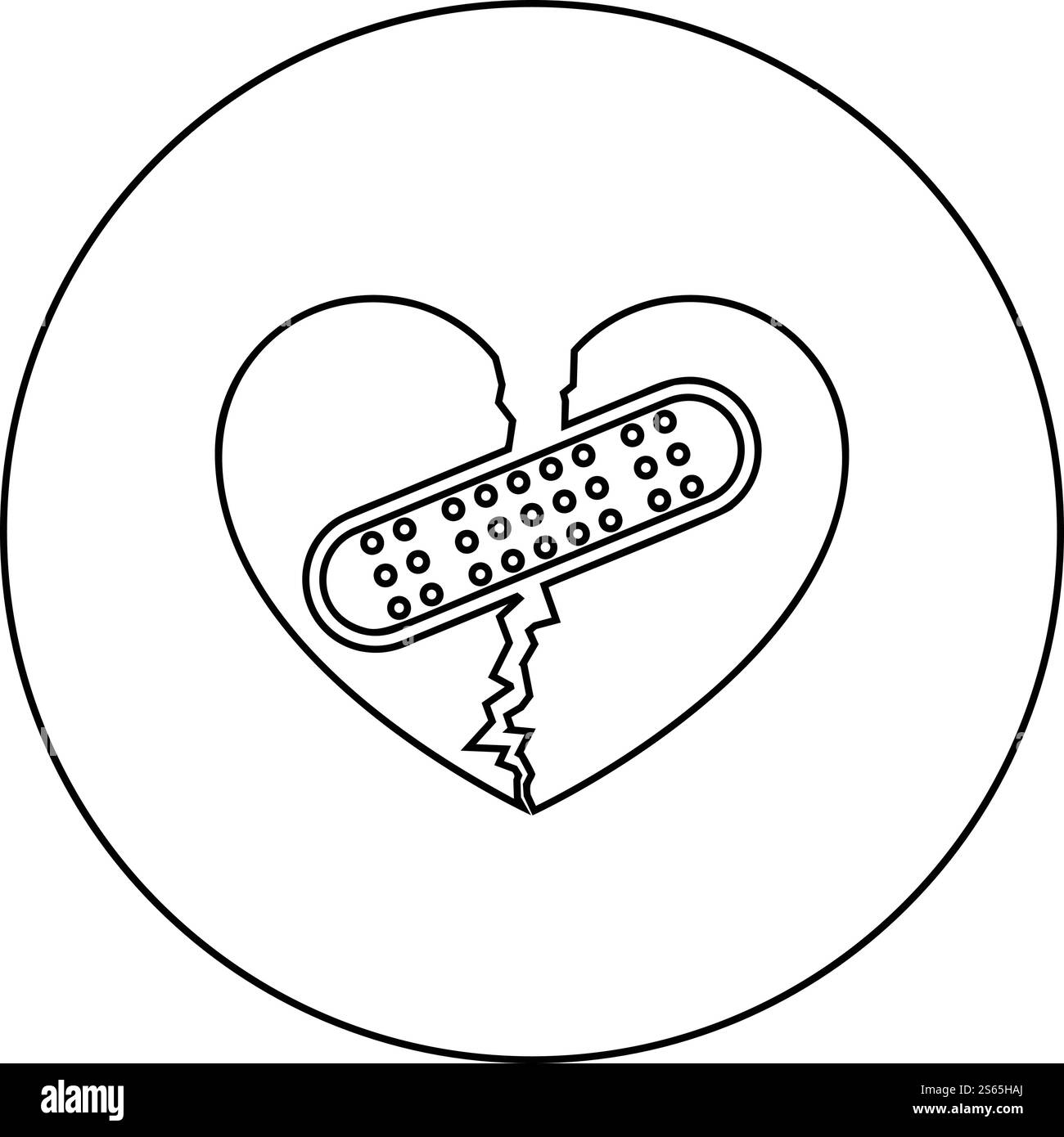 Herz mit Patch verbindet zwei Hälften Symbol im Kreis rund Umriss schwarz Farbe Vektor Illustration flach Stil einfaches Bild. Herz mit Patch verbindet zwei Hälften Symbol in Kreis rund Umriss schwarz Farbe Vektor Illustration flach Stil Bild Stock Vektor