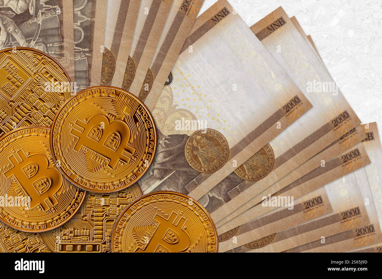 2000 ungarische Forint-Scheine und goldene Bitcoins. Anlagekonzept für Kryptowährungen. Krypto-Mining oder -Handel. 2000 ungarischer Forint Stockfoto