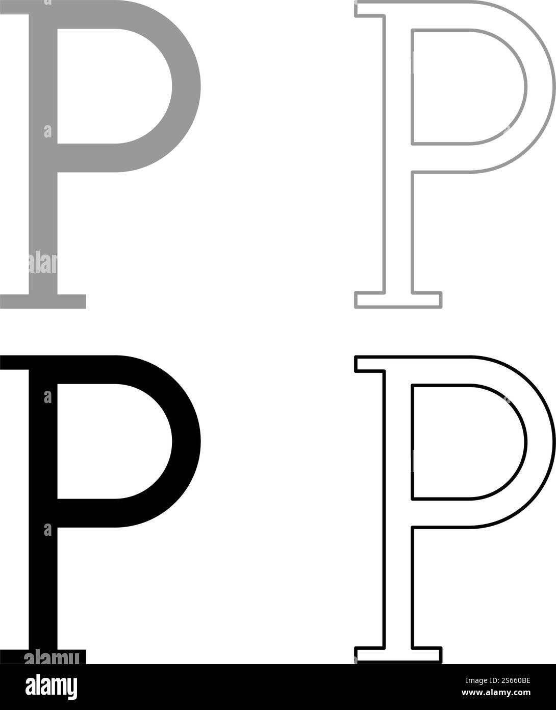 Rho griechisches Symbol Großbuchstabe Großbuchstabe Schriftart Symbol Kontur Set schwarz grau Farbe Vektor Illustration flache Stil einfaches Bild. Rho griechisches Symbol Großbuchstabe Großbuchstabe Schriftart Symbol Kontur Set schwarz grau Farbe Vektor Illustration flache Stil Bild Stock Vektor