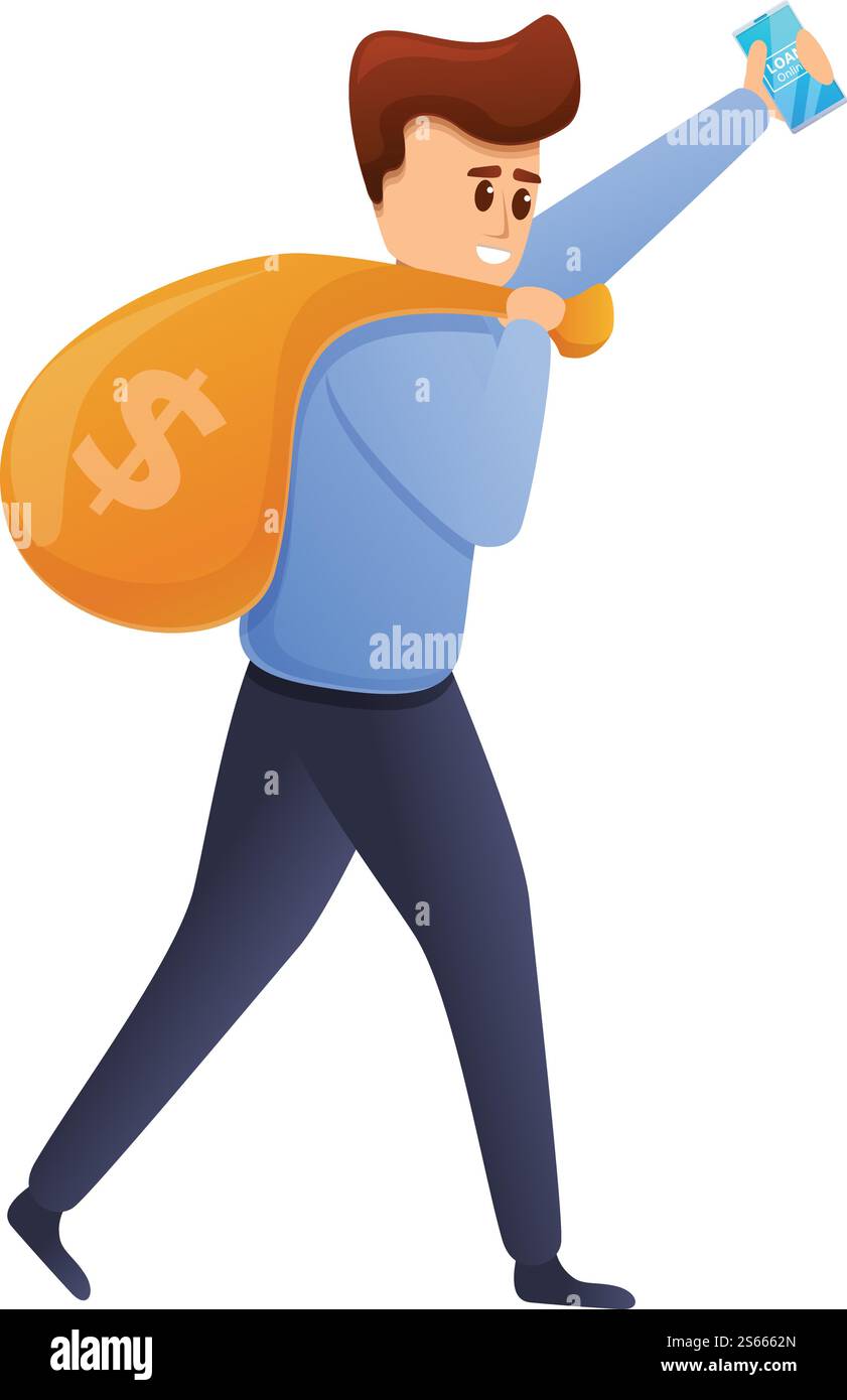 Mann trägt Geldbeutel-Symbol. Cartoon des Mannes tragen Geldbeutel Vektor-Symbol für Web-Design isoliert auf weißem Hintergrund. Mann trägt Geldbeutel-Ikone, Cartoon-Stil Stock Vektor