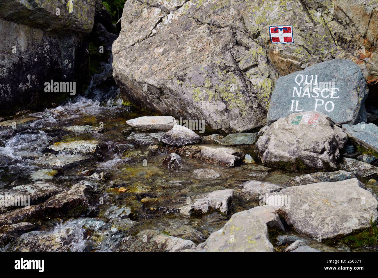 Quelle, Fluss, Po, Po-Tal, Pian del Re, Pianura Padana, Monviso, Piemont, Italien Stockfoto