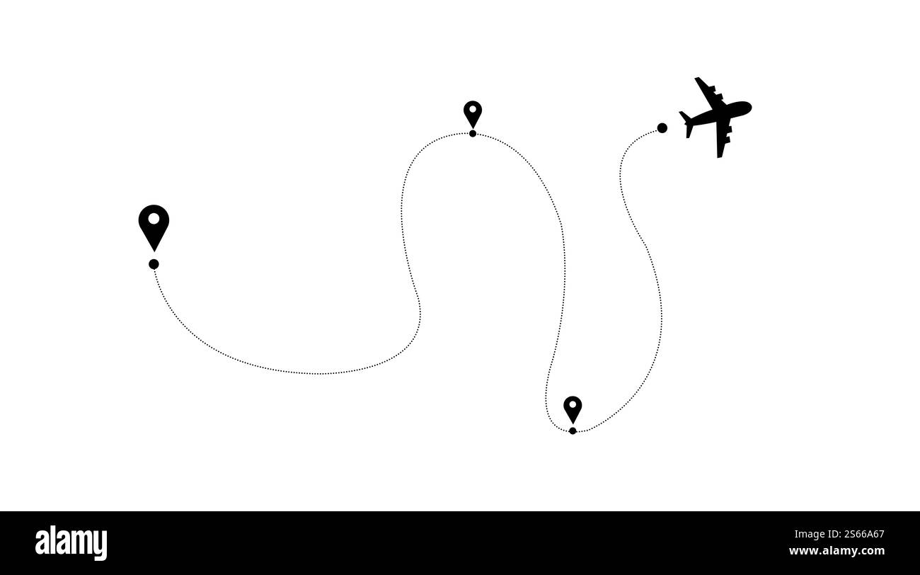 Reisesymbol, Flugstrecken, Reise vom Startpunkt und gepunktete Linien, Flugstrecken Flug gepunktete Karten zeichnen. Stockfoto