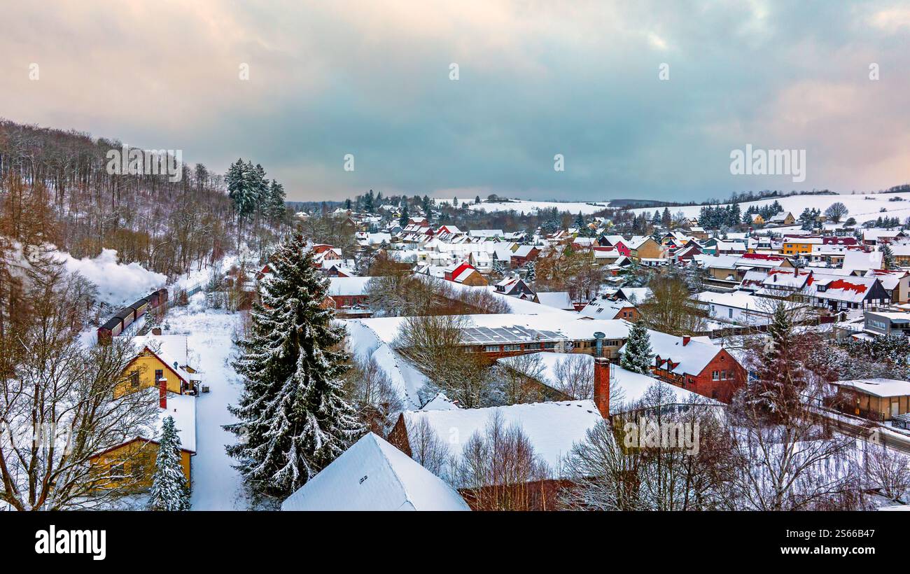 Güntersberge Selketal Winterlandschaft mit Selketalbahn Stockfoto