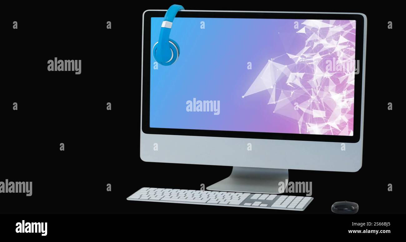 Bild des Ai-Dialogs über Netzwerke auf dem Computerbildschirm auf schwarzem Hintergrund Stockfoto