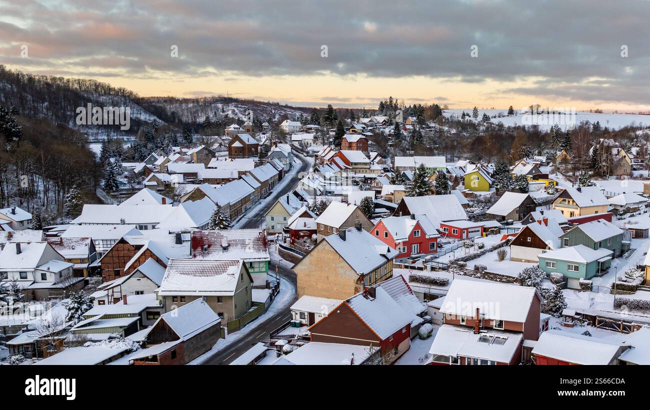 Luftbildaufnahme Winterlandschaft Güntersberge Selketal Harz Stockfoto
