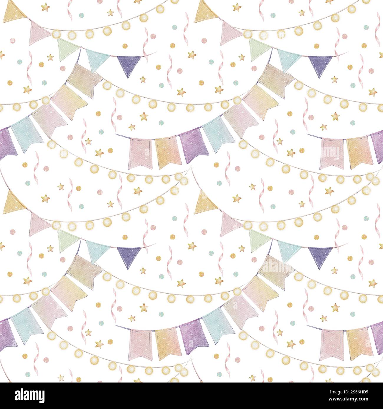 Nahtloses Muster von festlichen Fahnen und Girlanden in Aquarellfarben. Kann als festliches Design, Dekoration verwendet werden. Ideal zum Bedrucken von Tapeten, Geschenkpapier, Grußkarten, Textilien Stockfoto