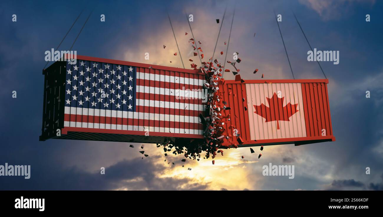 Beziehungen zwischen den USA und Kanada. US-AMERIKANISCHE und kanadische Flaggen stürzten Container am Himmel ab. 3D-Rendering Stockfoto