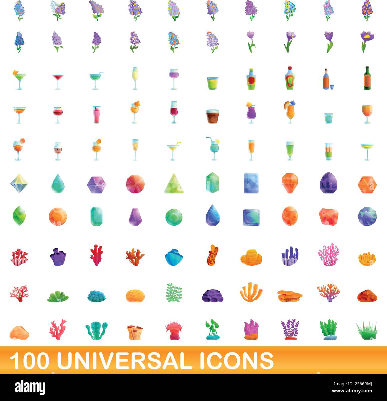 100 universelle Symbole. Zeichentrickillustration von 100 universellen Symbolen Vektor-Satz isoliert auf weißem Hintergrund. 100 universelle Symbole im Cartoon-Stil Stock Vektor