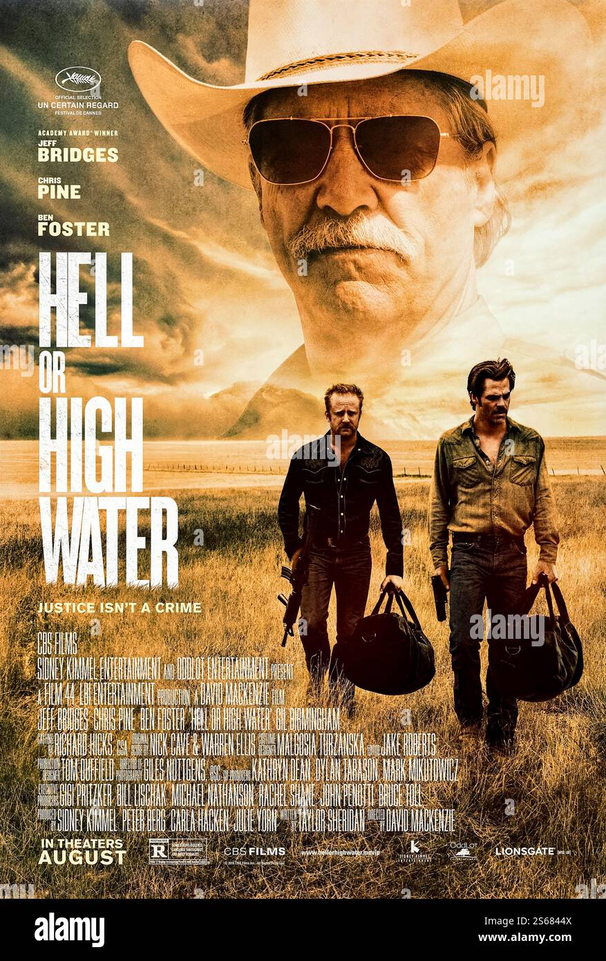Hell or High Water (2016) von David Mackenzie mit Jeff Bridges, Chris Pine und Ben Foster. Zwei Brüder führen eine Reihe von Banküberfällen durch, um ihre Ranch zu retten, während sie von den Texas Rangers verfolgt werden. Foto eines Original-Posters aus dem Jahr 2016 (USA), das NUR FÜR REDAKTIONELLE ZWECKE VERWENDET WIRD. Quelle: BFA/Lionsgate Stockfoto