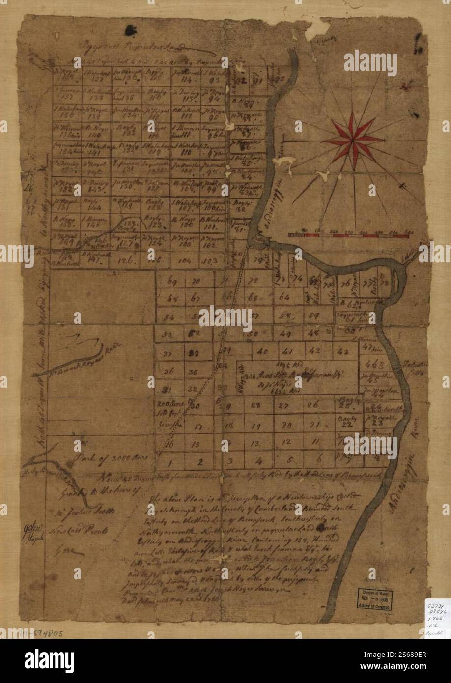 Der obige Plan ist eine Beschreibung eines neuen Townships namens Royalsborough in der Grafschaft Cumberland, das südöstlich an der Schlagzeile von Brunswick, südwestlich an Northyarmouth, nordwestlich an Land der Eigentümer, nordöstlich an Androscoggin River ... 1766 von Noyes Joseph begrenzt wird Stockfoto