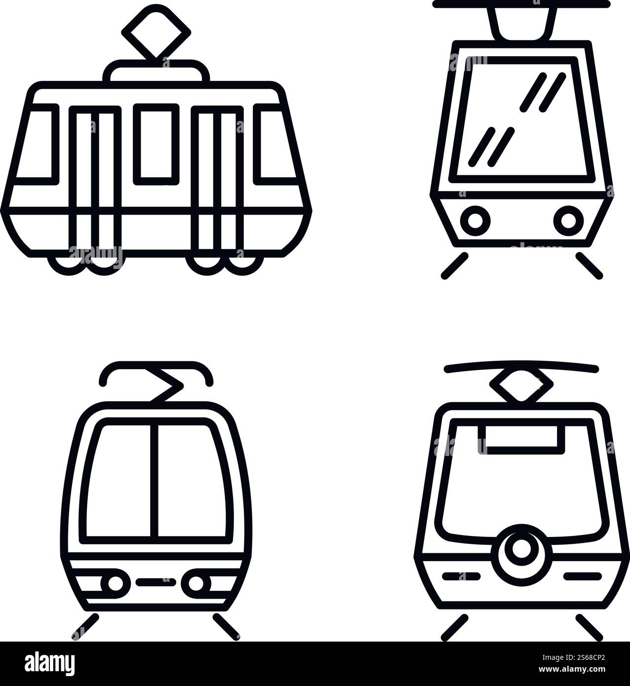 Symbole für Straßenbahnwagen gesetzt. Umrisssatz von Straßenbahnwagen-Vektorsymbolen für Webdesign isoliert auf weißem Hintergrund. Straßenbahnwagen-Symbole gesetzt, umrissener Stil Stock Vektor