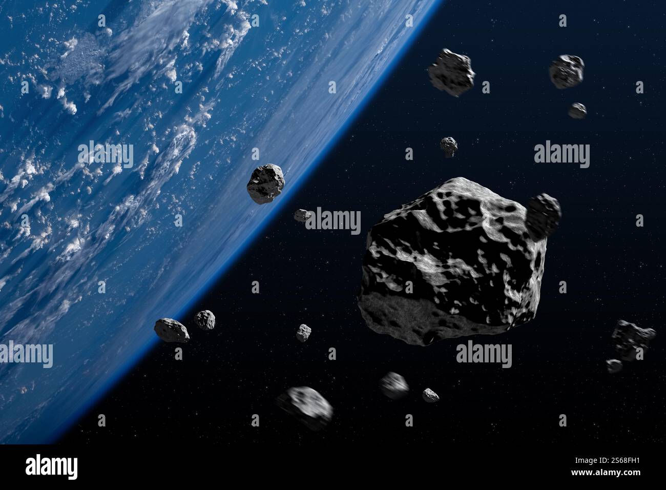 Leerraum. Asteroiden in der Nähe des Planeten Erde. Asteroiden im Weltraum nähern sich dem Planeten Erde. Meteorit oder Asteroid. Elemente dieses Bildes, bereitgestellt von der NASA Stockfoto