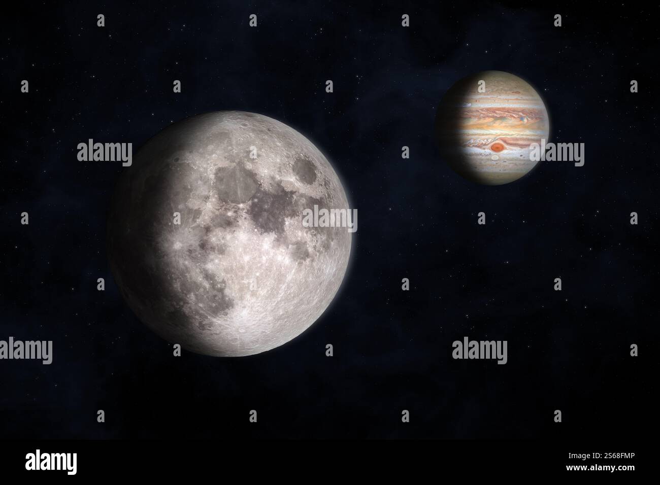 Verbindung Mond und Jupiter. Treffen des Jupiters und des Mondes. Planetenausrichtung. Elemente dieses Bildes, bereitgestellt von der NASA. Stockfoto
