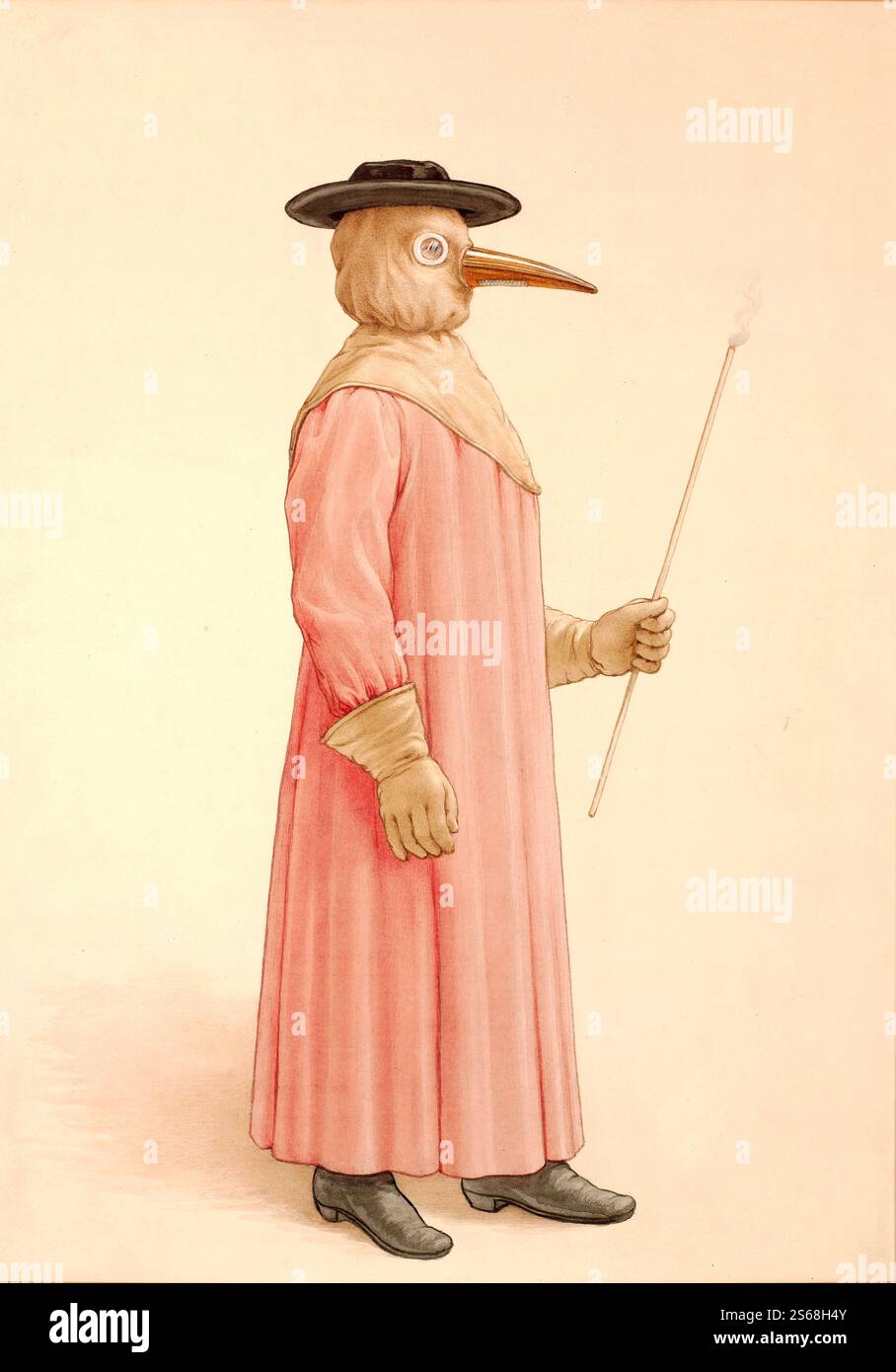 Das Kostüm, das der Arzt während eines Pestausbruchs im 17. Jahrhundert getragen hat - Aquarell - das Kostüm, das von Ärzten getragen wird, die Pestpatienten betreuen, wird von Jean Jacques Manget in seiner Traité de la Peste, Genf 1721 beschrieben: Das Kleid war aus marokkanischem Leder, darunter ein Rock, eine Reithose und Stiefel, alles aus Leder und passten ineinander. Das lange schnabelartige Nasenstück war mit aromatischen Substanzen versehen und die Augenlöcher waren mit Glas bedeckt – Ein Arzt, der ein Pestpräventionskostüm aus dem 17. Jahrhundert trug. Aquarell, ca. 1910. Stockfoto