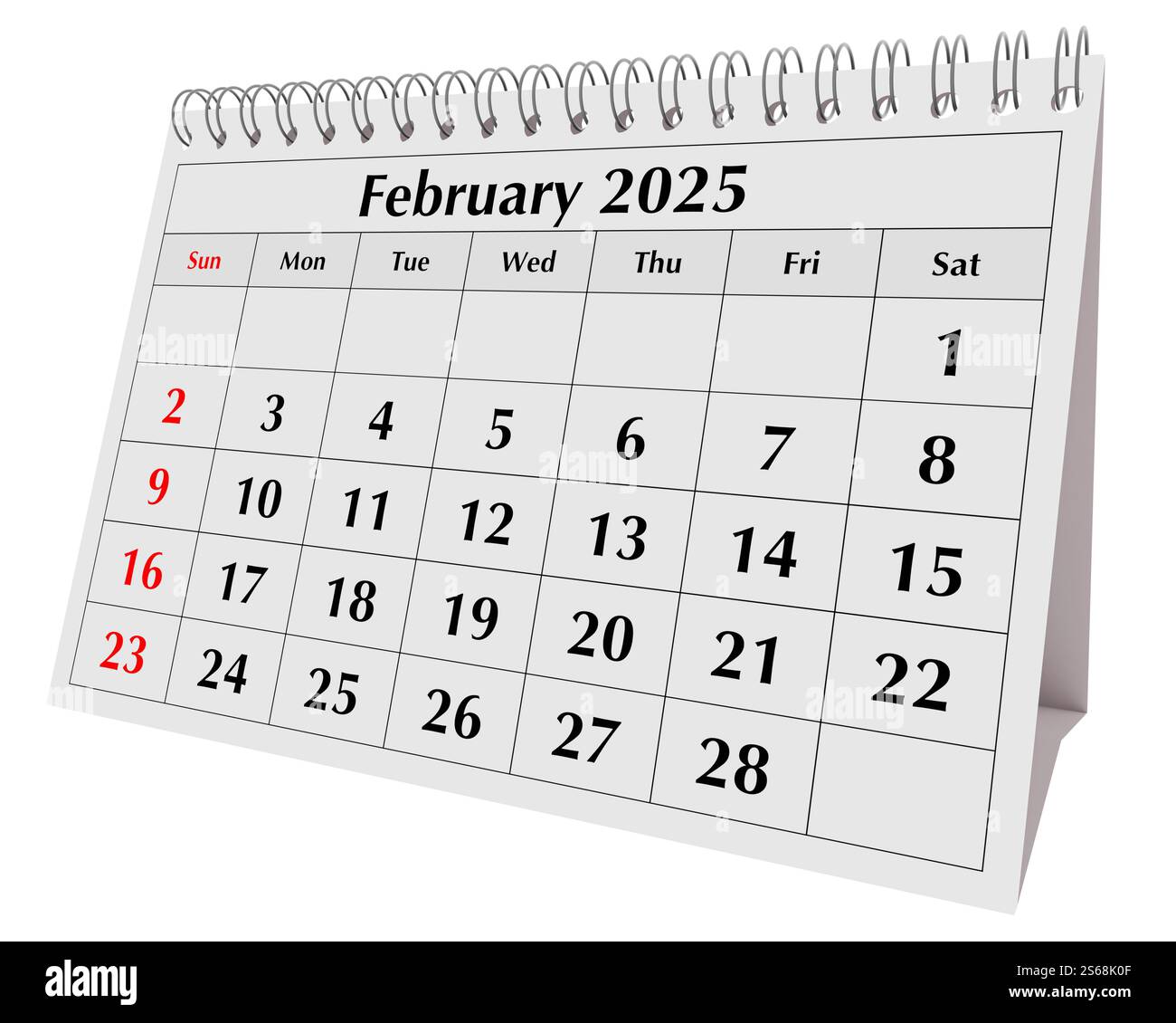Februar 2025-Kalender. Seite des jährlichen Winterkalenders für den Business Desk-Monat isoliert Stockfoto