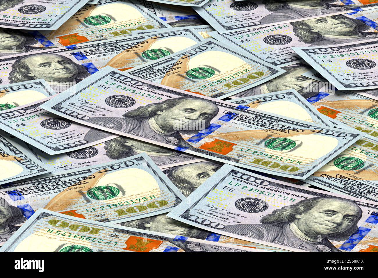 Ein Stapel von 100 US-Dollar-Scheinen, die Geld, Reichtum und Finanzen symbolisieren. 3D-Rendering Stockfoto