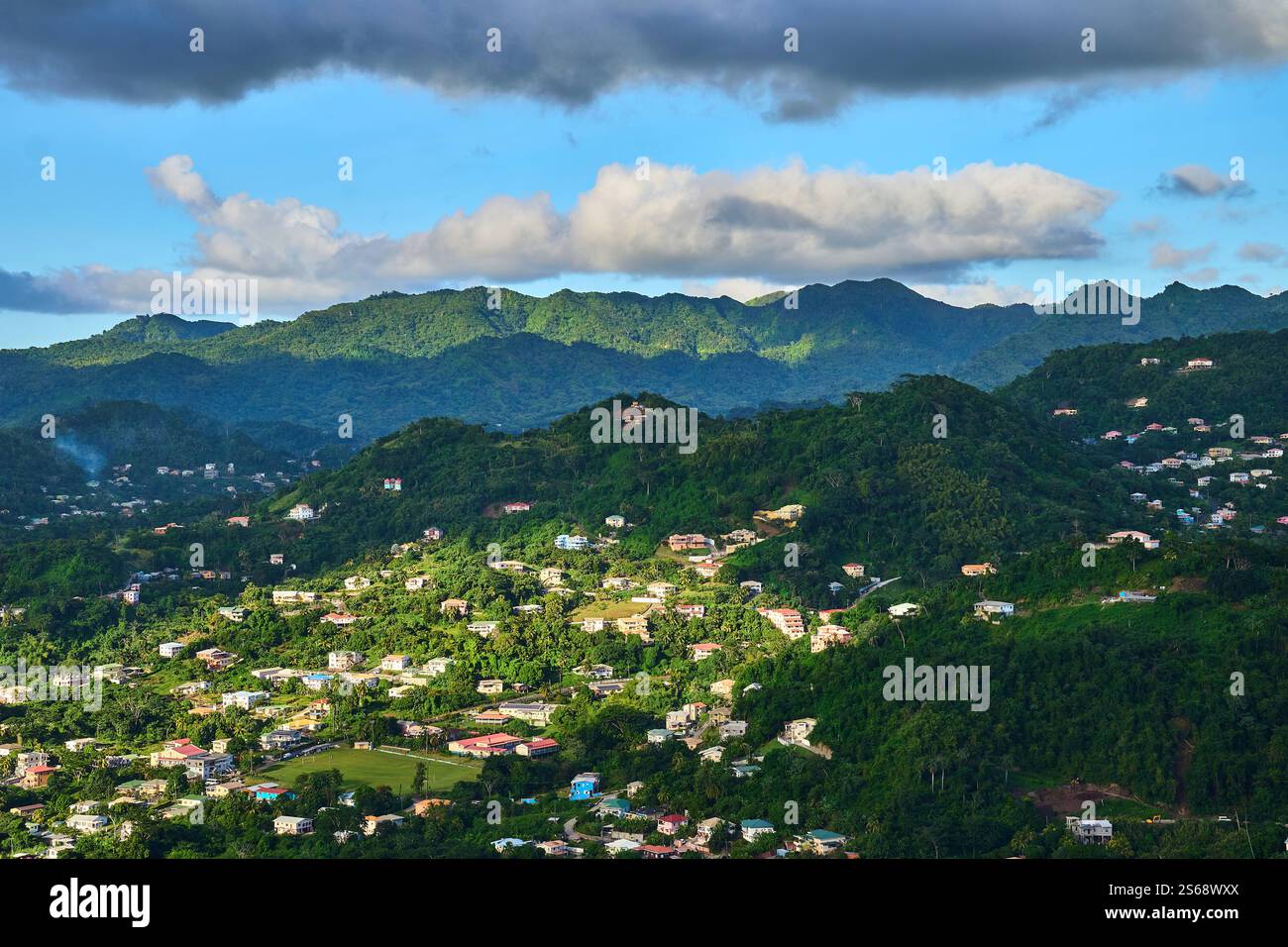 Saint George s, Grenada, Karibik - 10. Januar 2025: Ein malerischer Ausblick auf grüne Hügel, tropischen Wald und bunte Häuser auf der Insel Grenada in der Karibik, umgeben von Bergen *** ein malerischer Ausblick auf grüne Hügel, tropischen Wald und bunte Häuser auf der Insel Grenada in der Karibik, umgeben von Bergen Stockfoto