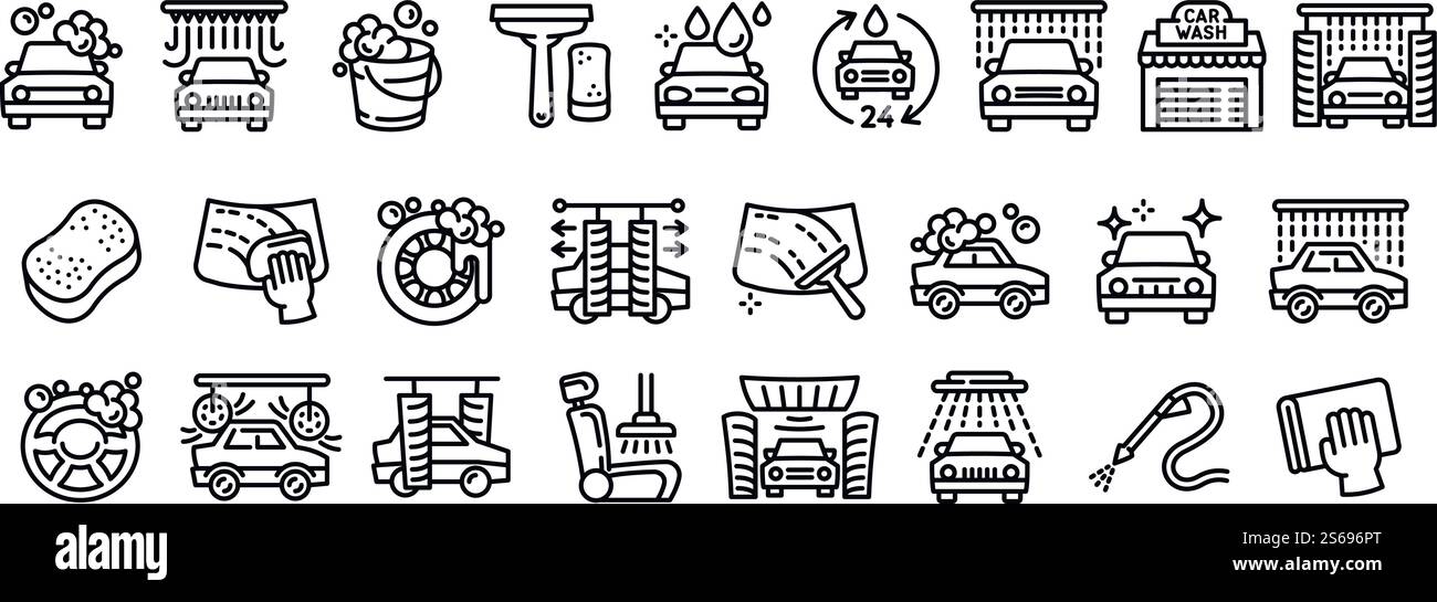 Symbole für die Waschanlage gesetzt. Kontursatz von Vektorsymbolen für die Waschanlage für Webdesign isoliert auf weißem Hintergrund. Symbole für die Waschanlage Set, Umrissstil Stock Vektor