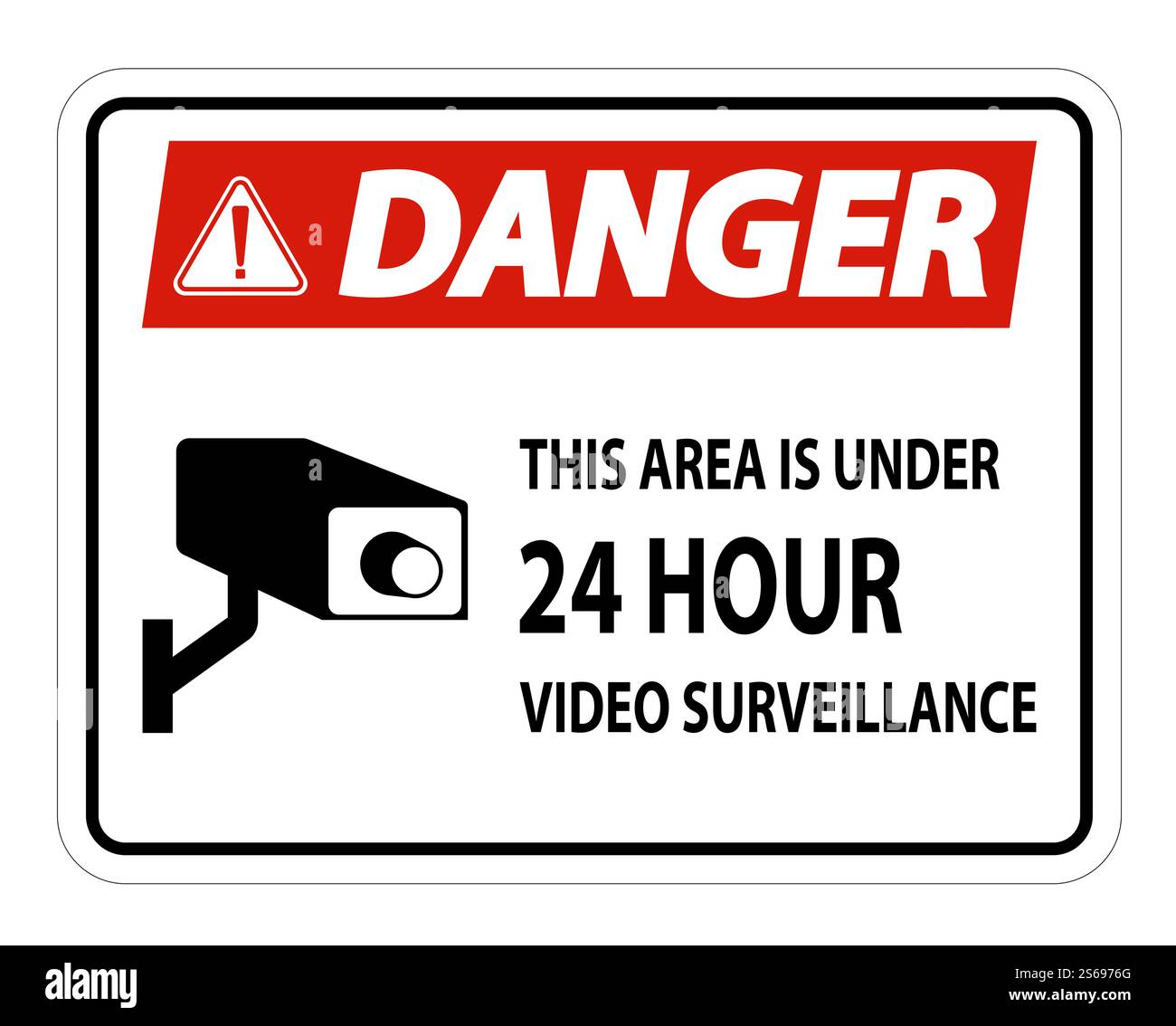 Gefahr in diesem Bereich liegt das Symbol für die Videoüberwachung unter 24 Stunden, isoliert auf weißem Hintergrund, Vektorgrafik Stock Vektor