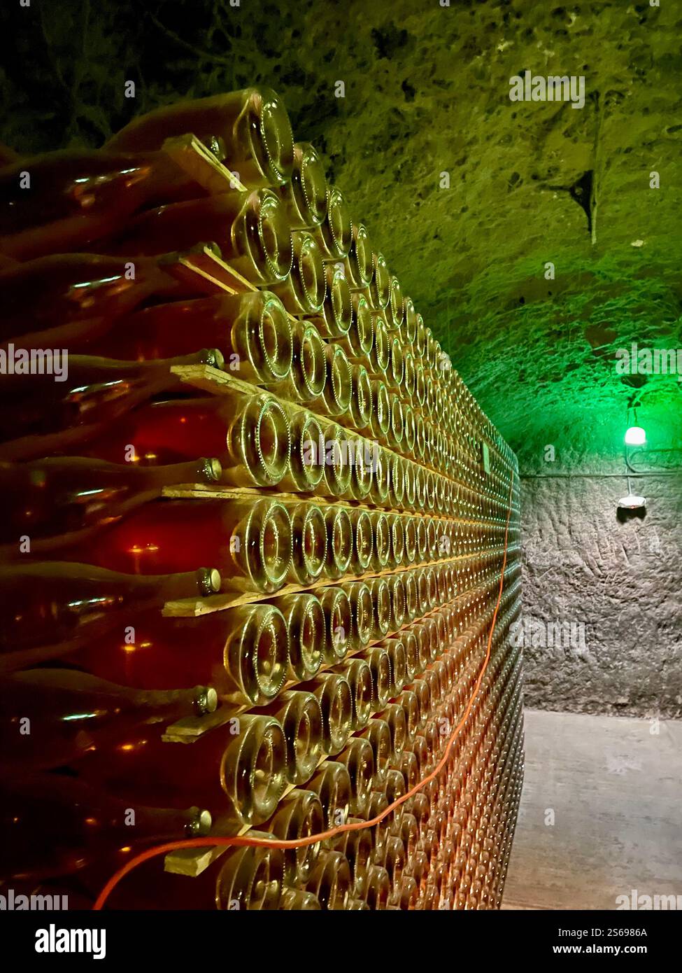 Rosenflaschen in einer Weinhöhle - Smartphone-aufgenommenes Stockfoto