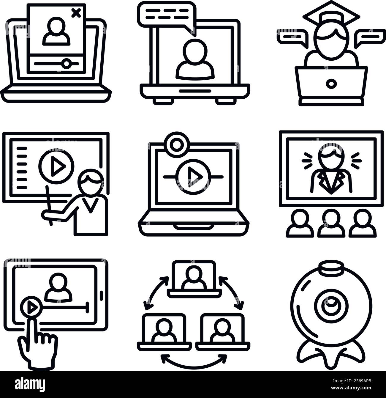 Webinar-Symbole festgelegt. Kontursatz von Webinar-Vektorsymbolen für Webdesign isoliert auf weißem Hintergrund. Webinar-Symbole gesetzt, Umrissstil Stock Vektor