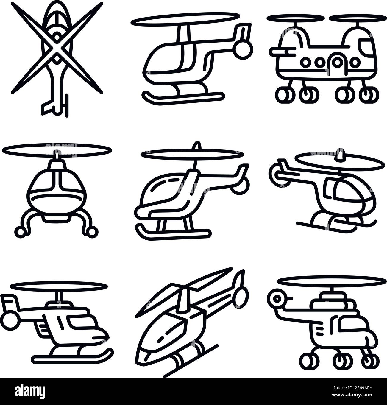 Hubschraubersymbole eingestellt. Kontursatz von Hubschraubervektorsymbolen für Webdesign isoliert auf weißem Hintergrund. Helikopter-Symbol-Set, Outline-Stil Stock Vektor