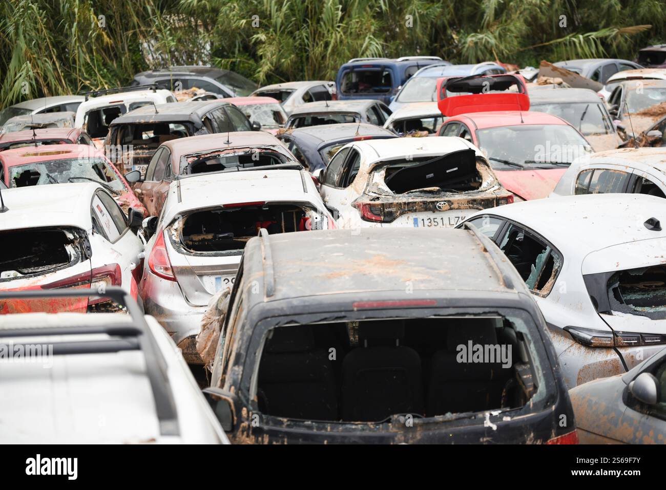 Zerstörte Autos, die nach den DANA-Überschwemmungen auf einem Feld gelagert wurden. Catarroja, Span. Stockfoto