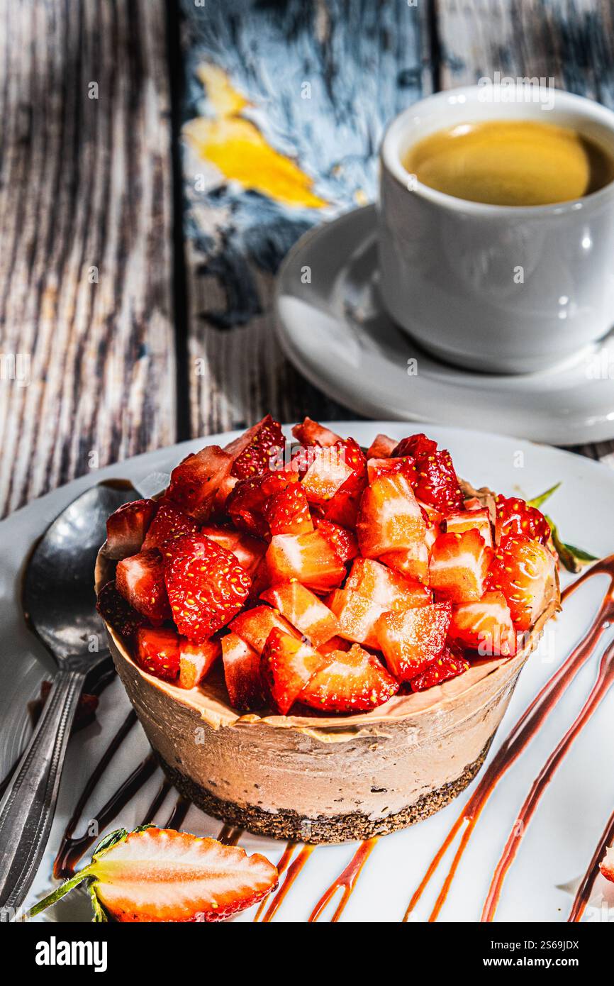 Erdbeerkuchen mit Schokolade, begleitet von einem Kaffee. Stockfoto