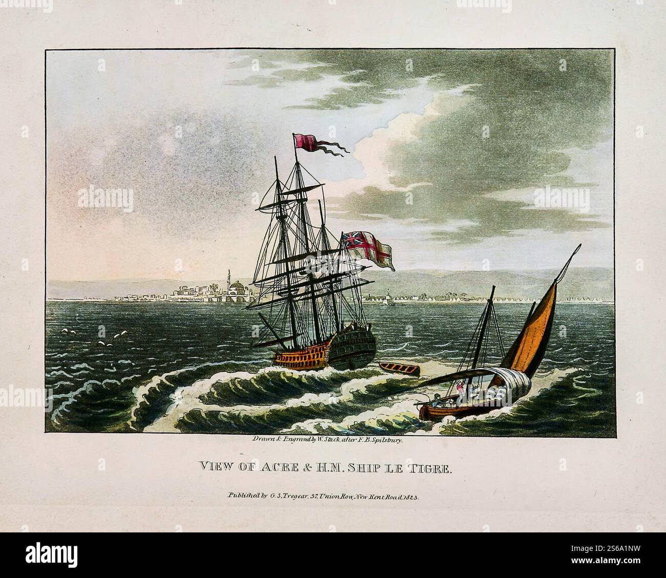 Blick auf die Stadt Acre und die HMS Le Tigre. Vintage Aquatint von Francis. B. Spilsbury, ca. 1800 Stockfoto