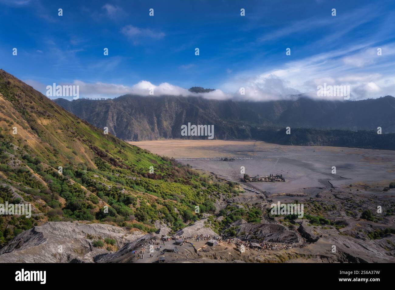 Eine atemberaubend schöne und idyllische Landschaft zeigt einen vulkanischen Krater von Bromo, umgeben von üppigem, lebendigem Grün, alles unter einem weitläufigen, kultivierten Krater Stockfoto