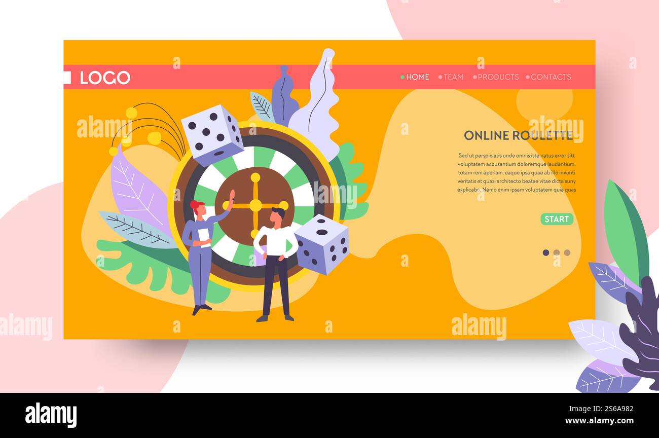 Glücksspiel Casino Roulette Rad Internet Webseite Vorlage Vektor Würfel Score Gewinn einfach verdienen Gewinn oder Jackpot Einsatz oder Wette Glück Risiko und Gelegenheit Rotation Spieler oder Spieler und weibliche Croupier. Online-Webseitenvorlage für Casino Roulette Wheel Glücksspiel Stock Vektor