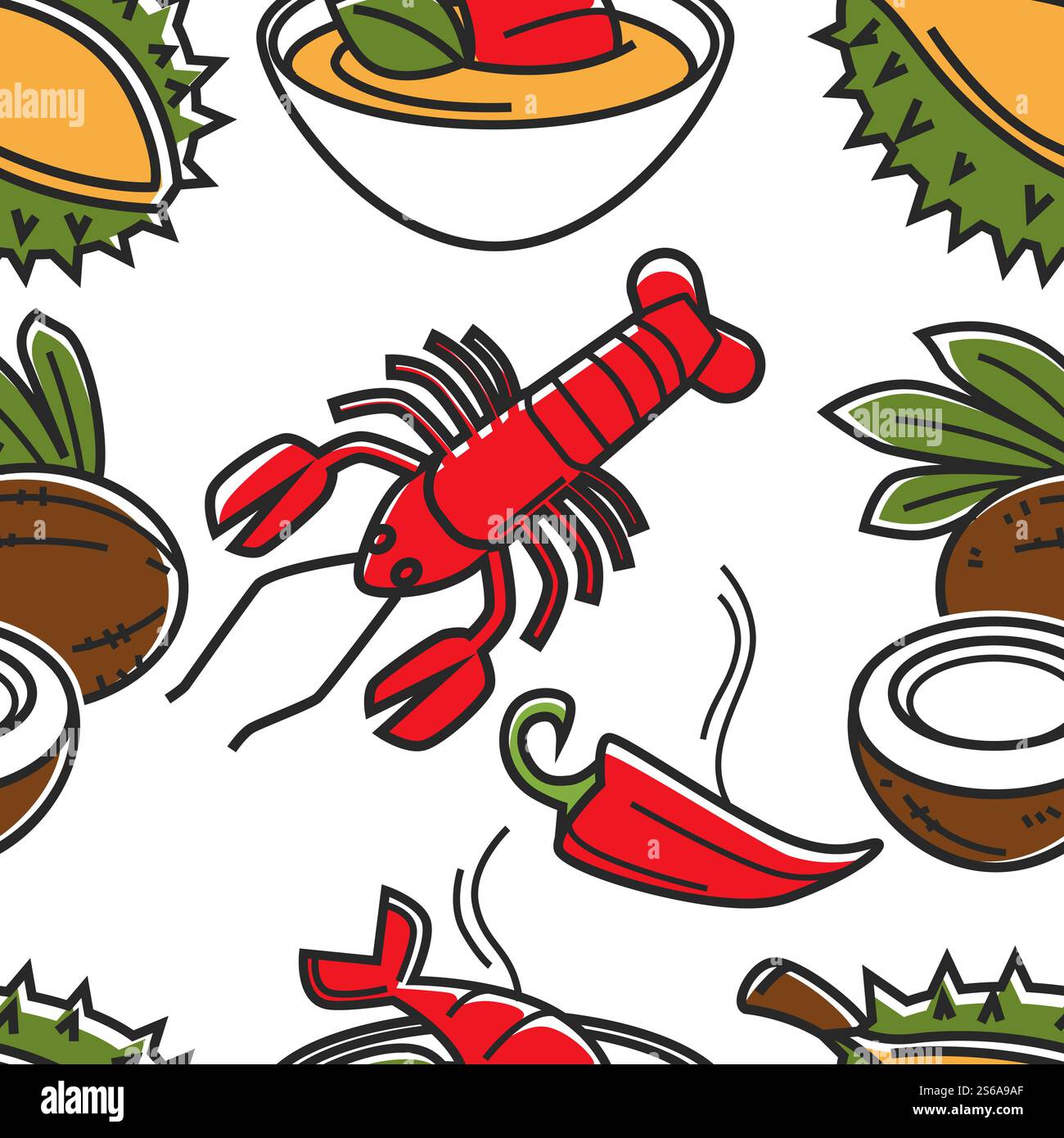 Obst Gemüse und Meeresfrüchte Thailand Essen nahtlose Muster Vektor Hummer und Chili Pfeffer Kokos und Durian traditionelle Suppe endlose Textur Unterwasser Tier Nuss und Gewürz Tapetendruck. Thailand Essen Obst Gemüse und Meeresfrüchte nahtlose Muster Stock Vektor