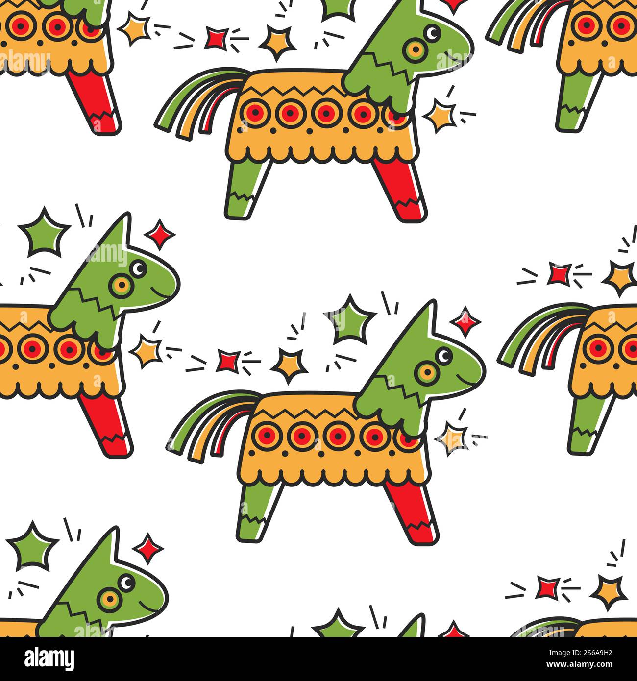 Mexikanische Kultur mexikanisches Pferdespielzeug mit Bonbons Pinata nahtlose Muster Vektor Papierbehälter mit Süßigkeiten und Leckereien Reisen traditionelle Feiertagselemente Feier Zeremonie endlose Textur. Mexikanisches Pferdespielzeug mit Bonbons Pinata nahtloses Muster mexikanische Kultur Stock Vektor
