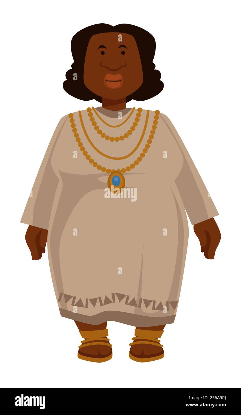 Ethnicity afrikanische pralle Frau in Kleid und Schmuck Vektor isolierte weibliche Charakter Stammesmitglied Stammesoutfit Nationalität exotische Kultur langes Gewand und Halsketten einheimische Aborigine Afro Hairstyle. Afrikanische pralle Frau in Kleid und Schmuck isolierte weibliche Figur Stock Vektor