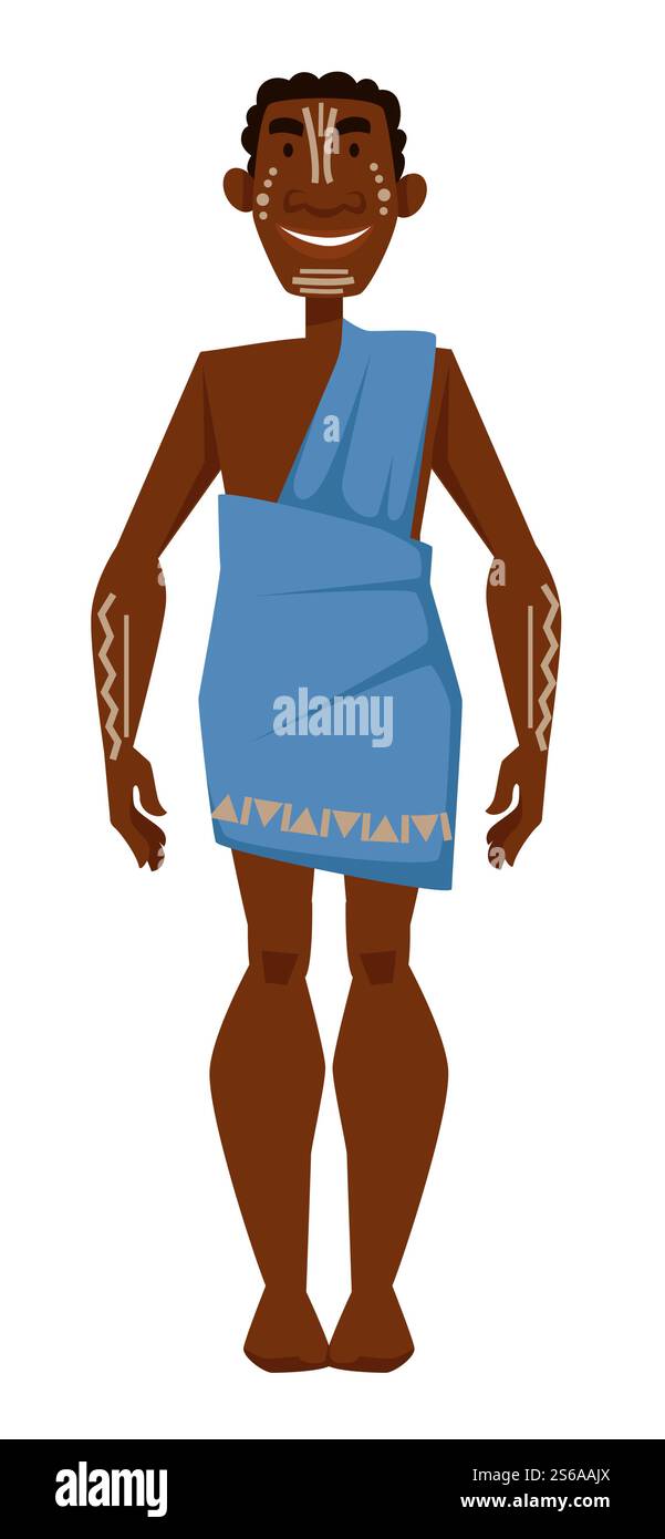 Stammesmitglied afrikanischer Mann mit weißen Tattoos in Kleid Vektor isolierter männlicher Charakter Afrika Ethnizität oder Nationalität Mann mit dunklen Haut Traditionen und Bräuche traditionelle Kleidung Wildtiere und Wüste. Afrikanischer Mann mit weißen Tattoos im Kleid Stammesmitglied Stock Vektor