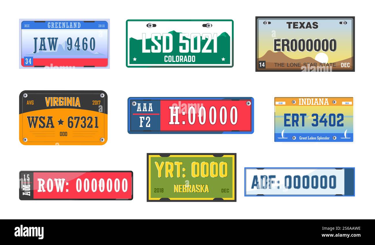 Autokennzeichen Kennzeichen Autokennzeichen amerikanische staaten isolierte Ikonen Vektor Nebraska Ziffern und Buchstaben Transport Zulassung Texas und Virginia Indiana Grönland und Colorado Automobilausrüstung. Autokennzeichen, isolierte Symbole Stock Vektor