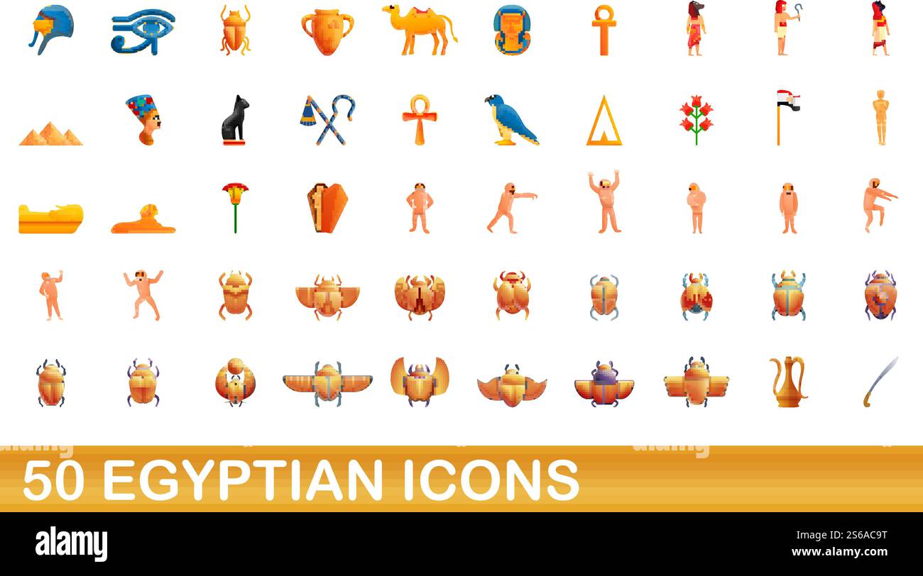 50 ägyptische Symbole gesetzt. Zeichentrickillustration von 50 ägyptischen Ikonen Vektor-Set isoliert auf weißem Hintergrund. 50 ägyptische Ikonen, Zeichentrickstil Stock Vektor