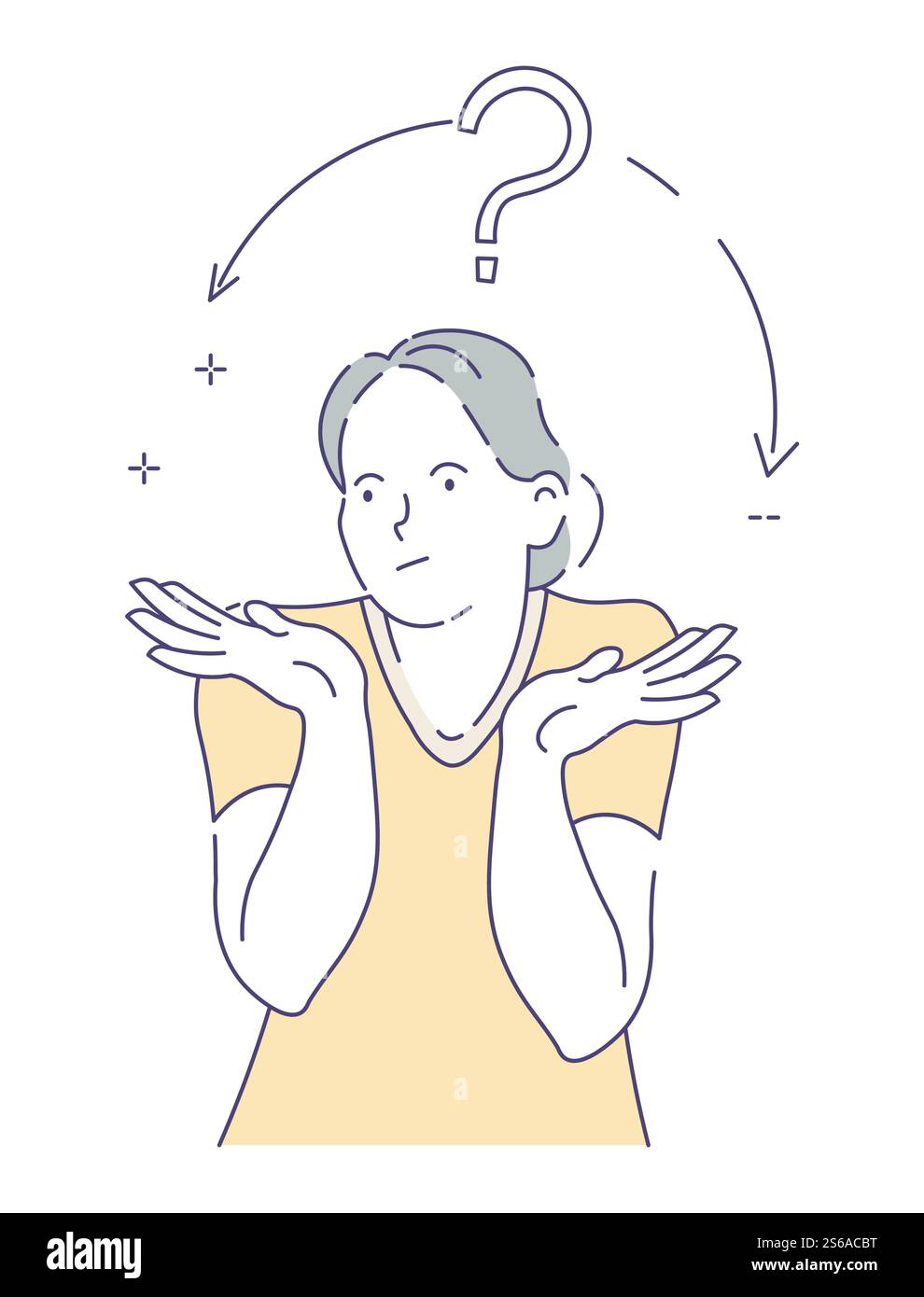 Frau zögert oder nimmt Vektorzweifel Entscheidungswahl isolierte weibliche Figur Mädchen und Fragezeichen denken und nach Ideen suchen Brainstorming abwägen vor- und Nachteile lösen von Problemen oder Problemen. Zweifelt an einer Frau, die zögert oder eine Entscheidung trifft, isolierter Charakter Stock Vektor