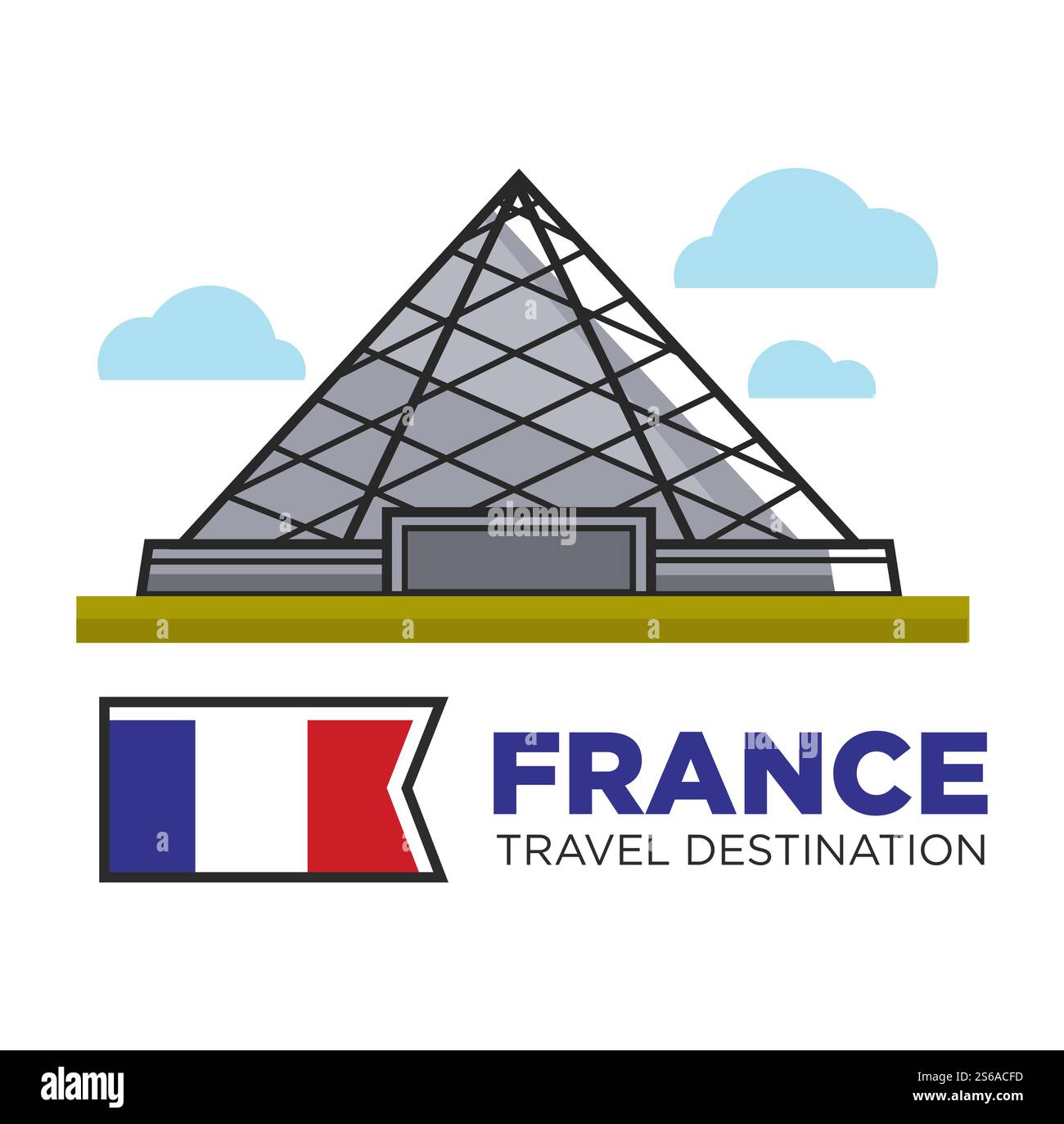 Louvre Architektur Frankreich Reiseziel Wahrzeichen Sightseeing Vektor dreieckige Glasgebäude oder Bauattraktion Französisch Symbol Kunstgalerie und nationale Flagge Reisen und Tourismus. Frankreich Reiseziel Wahrzeichen Louvre Architektur Sightseeing Stock Vektor