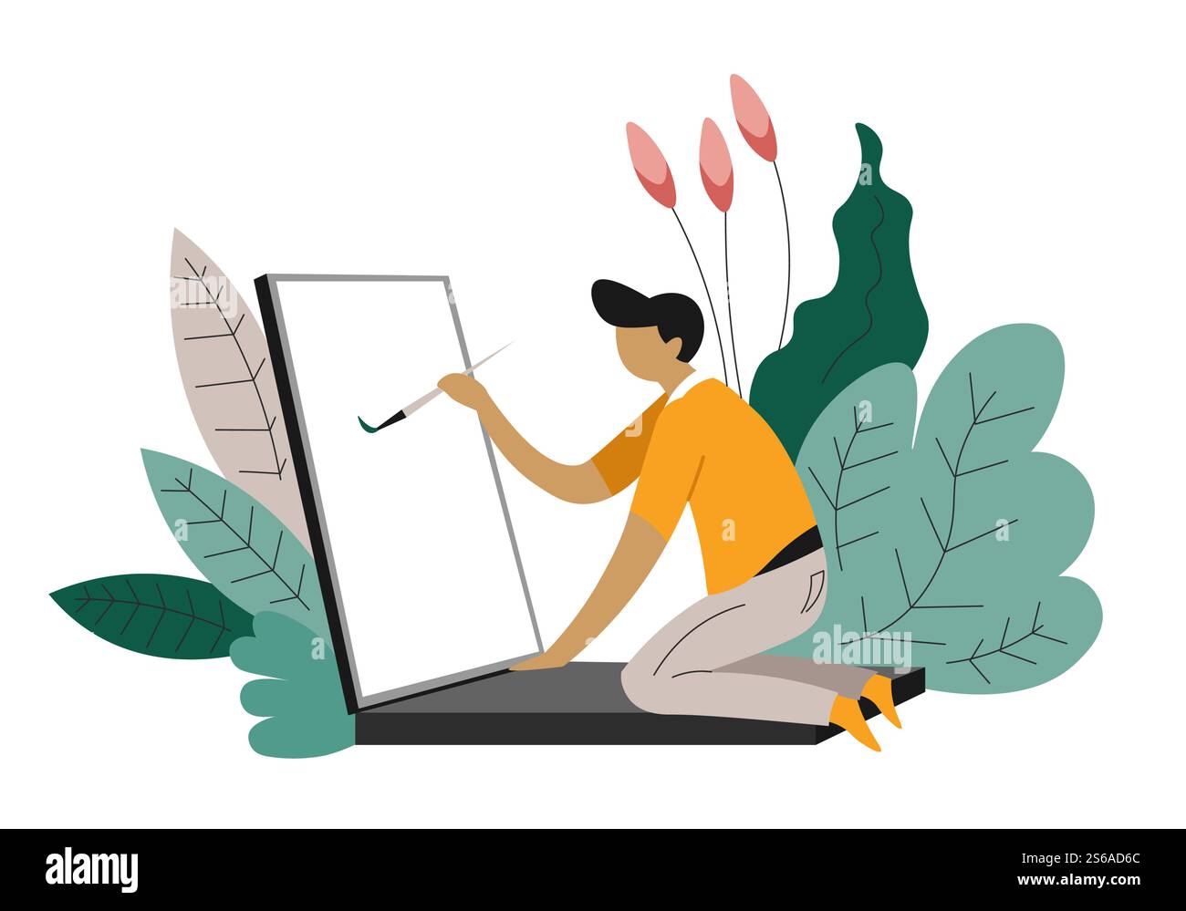 Freischaffender Webdesigner Freiberufler isolierter Charakter am Laptop mit Pinsel abstrakte Pflanzen Computer und Malerei online kreative Beschäftigung Fernarbeit moderne Technologien und Kunstdesign. Freischaffender isolierter Charakter freischaffender Webdesigner bei Laptop Stock Vektor