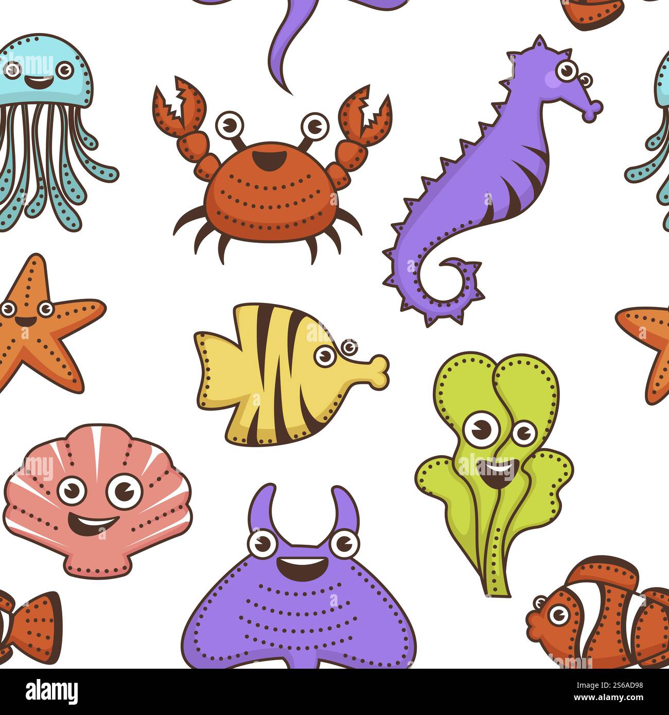 Meeresbewohner Unterwasser Tiere und Pflanzen Zeichentrickfiguren nahtlose Muster Vektor Stachelrochen und Algen Seesterne und Krabben Seepferdchen und Clownfisch Quallen und Flunder Muscheln endlose Textur.. Unterwassertiere und Meereslebewesen nahtlos Stock Vektor