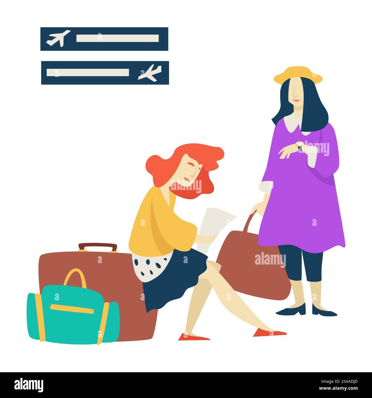 Flughafen Wartezimmer Frauen mit Gepäck Flug Verzögerung Vektor isolierte Zeichen Gepäck Koffer und Taschen Mädchen lesen Zeitung und schauen auf Uhr Reisen und Tourismus fliegen mit Flugzeug. Wartezimmer Flughafenfrauen mit Verspätung Stock Vektor