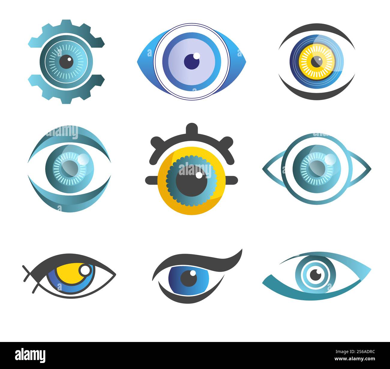 Abstrakte Augen mit Farbschülern isolierte Ikonen Design Kontaktlinse Konzept optische Brille Shop Augenarzt und Augenheilkunde Make-up Visage und Kosmetik Augapfel Emblem oder Logo Organ der Wahrnehmung. Sehaugen isolierte abstrakte Ikonen Farbpuppen Stock Vektor