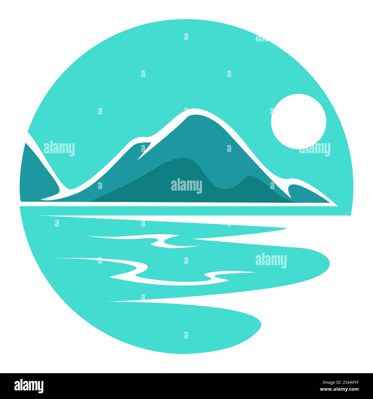 Meer oder Landschaft Corporate Identity rund um isolierte Icon Vektor Felsen oder Berge Meer oder Ozean Küste tropischen Strand Nacht oder Abend und Mondschein Natur-Emblem oder Logo Wasser und Berg. Landschaft oder Seeblick mit Unternehmensidentität rund um ein isoliertes Symbol Stock Vektor