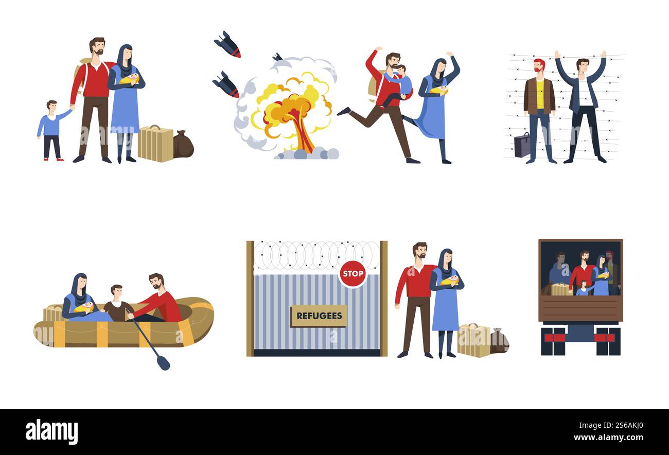 Einwanderer oder Flüchtlinge Familienkrieg Flucht politische Zuflucht Vektor Grenzlinie Stacheldrahtzaun und LKW aufblasbare Boot Raketen Explosion und Gepäck Grenzübergang Männer und Frauen arabische Länder.. Flüchtlinge oder Einwanderer Familienkrieg Flucht oder politische Zuflucht Stock Vektor